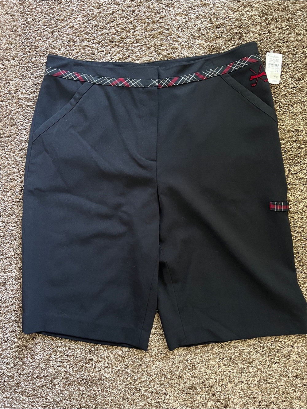 Golf shorts - Black Athletic Shorts with Red Plaid Trim